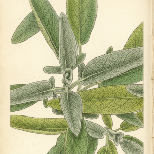 Salvia officinalis leaf close-up, botanical illustration