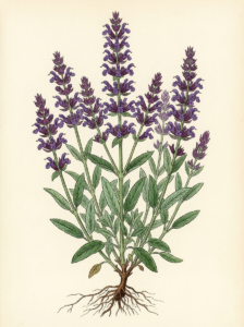 Salvia officinalis whole flowering plant, botanical illustration