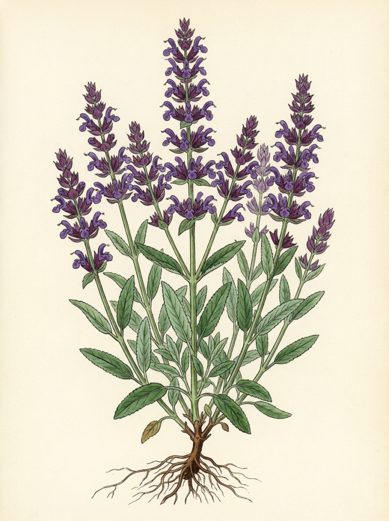Salvia officinalis whole flowering plant, botanical illustration