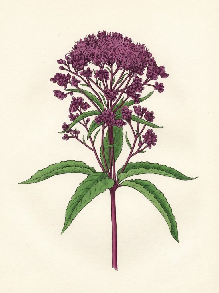 Victorian watercolor illustration of a whole Joe-Pye weed plant
