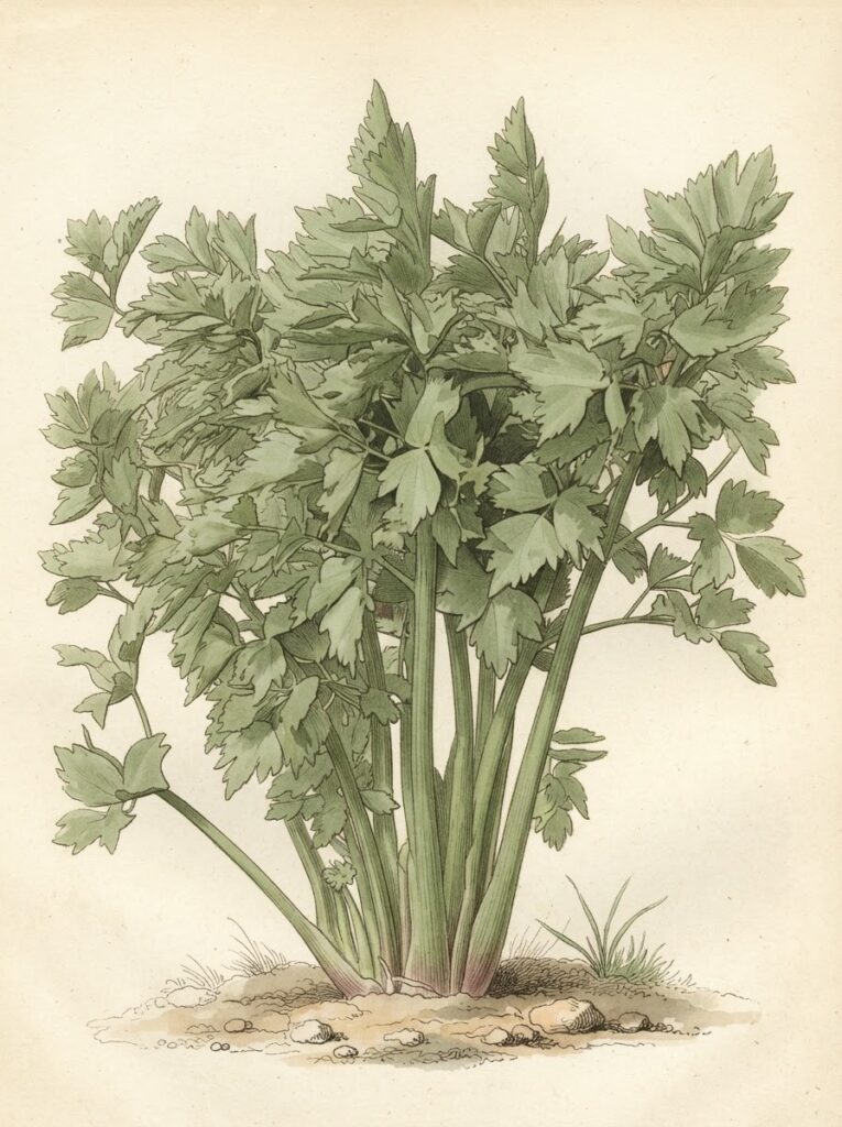 Victorian watercolor illustration of a whole lovage plant
