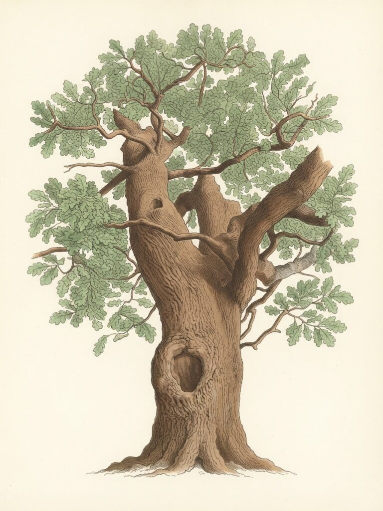 Victorian watercolor illustration of a whole English oak tree